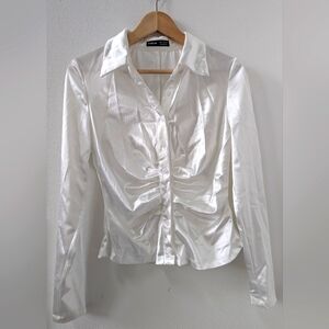 Ruched white satin button up shirt medium